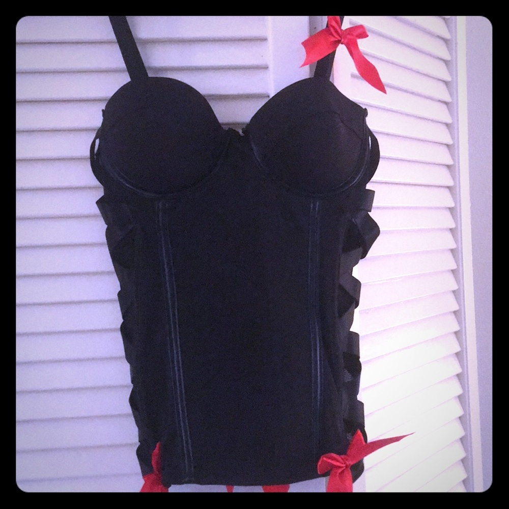 Sexy Black Corset Lingerie w/Red bows